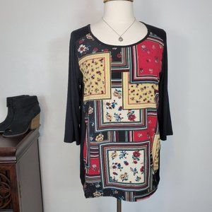 Ava James Mixed Media Black Patchwork Look 3/4 Sleeve Top NEW NWT Size M